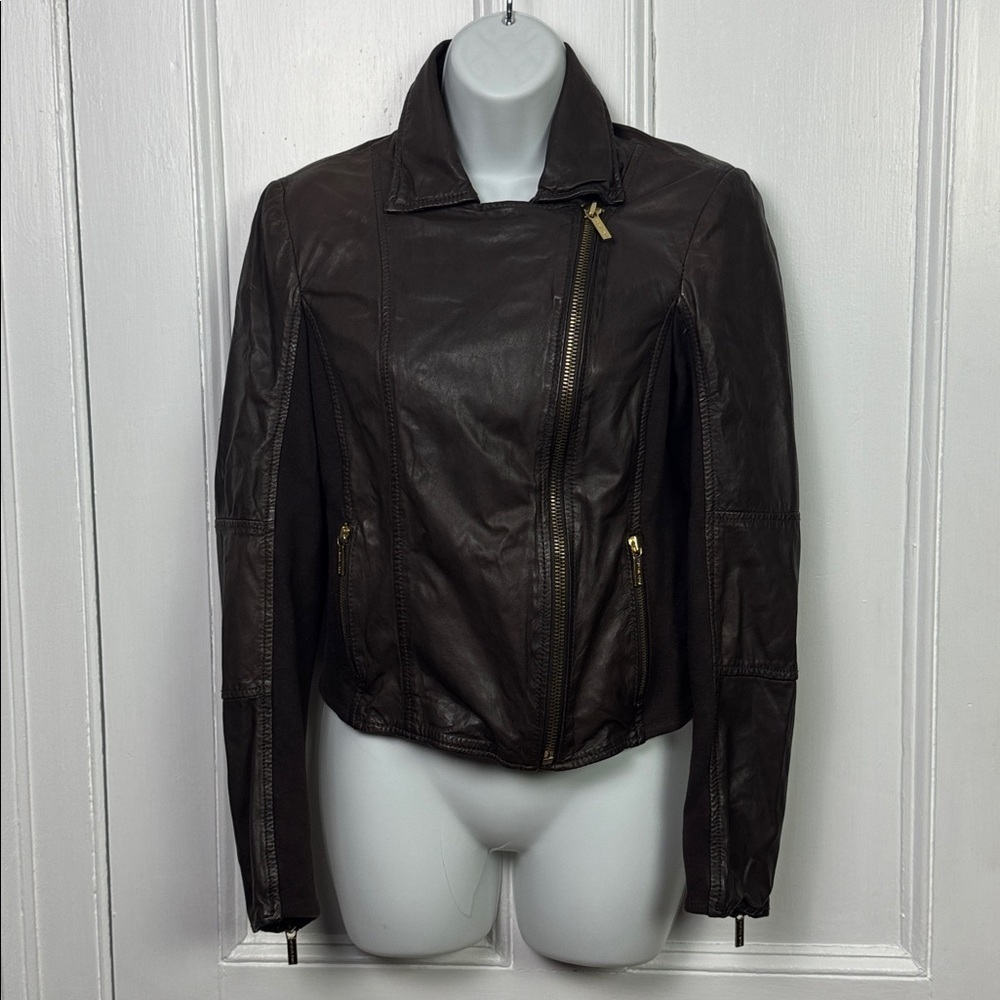 Michael Michael Kors brown leather asymmetrical zip moto jacket women’s size 6